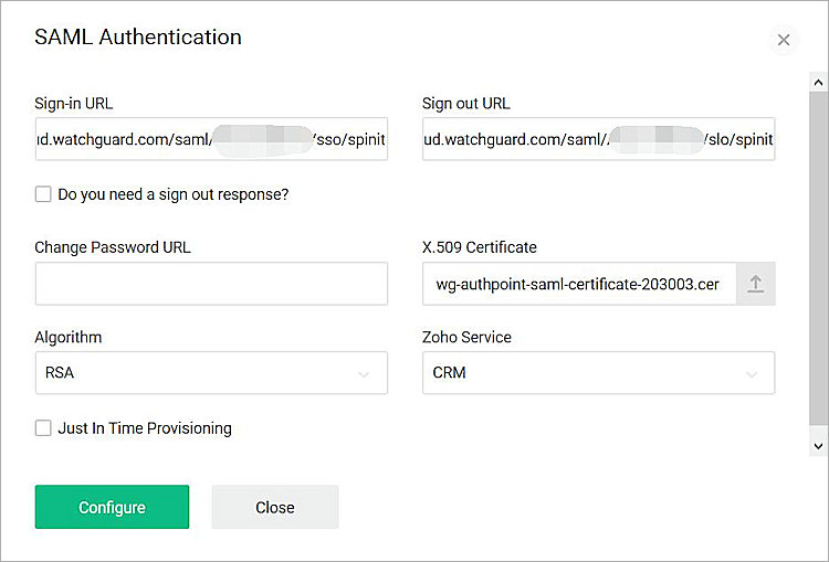 Screen shot of the SAML Authentication